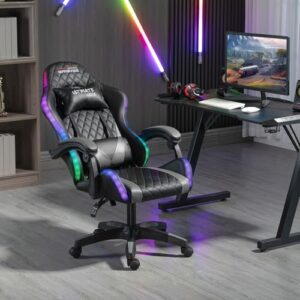 Fauteuil de Bureau Gamer Amstrad Ultimate-BK-LED Noir & Gris avec Éclairage LED