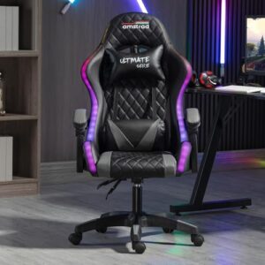 Fauteuil de Bureau Gamer Amstrad Ultimate-BK-LED Noir & Gris avec Éclairage LED
