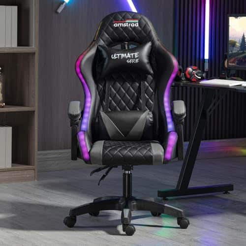 Fauteuil de Bureau Gamer Amstrad Ultimate-BK-LED Noir & Gris avec Éclairage LED
