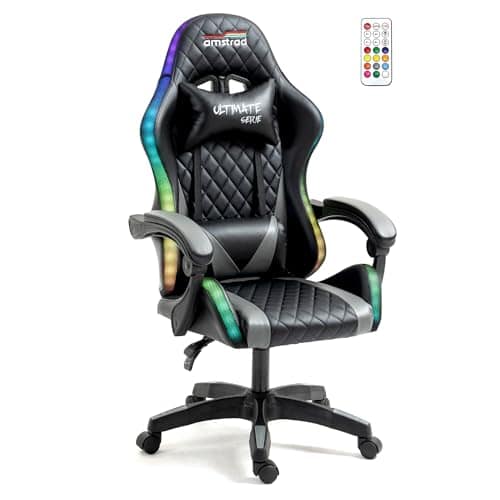 Fauteuil de Bureau Gamer Amstrad Ultimate-BK-LED Noir & Gris avec Éclairage LED