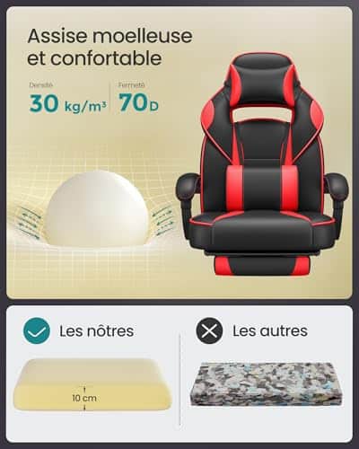 Fauteuil de Bureau SONGMICS OBG73BRV1, Chaise Gaming Réglable Noir et Rouge