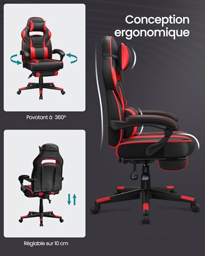 Fauteuil de Bureau SONGMICS OBG73BRV1, Chaise Gaming Réglable Noir et Rouge