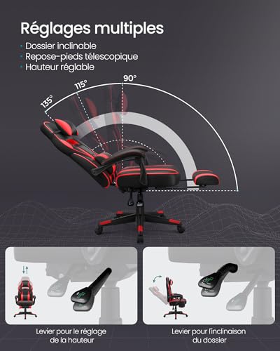 Fauteuil de Bureau SONGMICS OBG73BRV1, Chaise Gaming Réglable Noir et Rouge