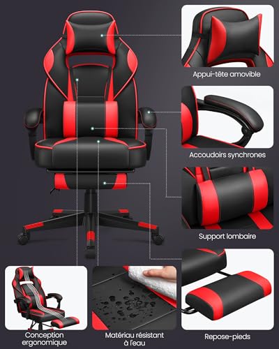 Fauteuil de Bureau SONGMICS OBG73BRV1, Chaise Gaming Réglable Noir et Rouge