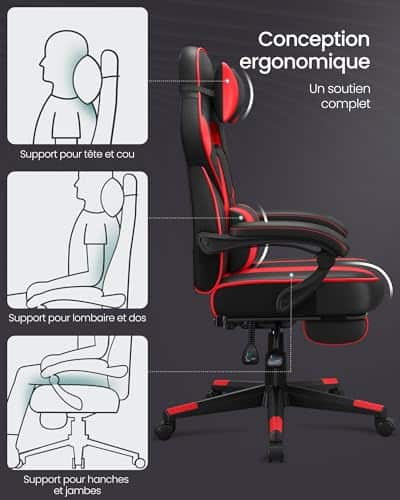 Fauteuil de Bureau SONGMICS OBG73BRV1, Chaise Gaming Réglable Noir et Rouge