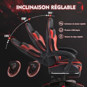 Frixovel Chaise Gaming Réglable avec Repose-Pieds Télescopique Noir et Rouge