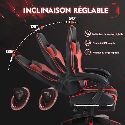 Frixovel Chaise Gaming Réglable avec Repose-Pieds Télescopique Noir et Rouge