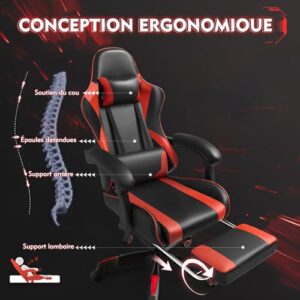 Frixovel Chaise Gaming Réglable avec Repose-Pieds Télescopique Noir et Rouge