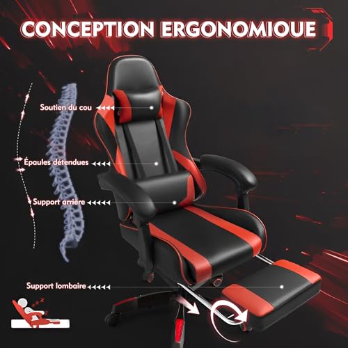 Frixovel Chaise Gaming Réglable avec Repose-Pieds Télescopique Noir et Rouge