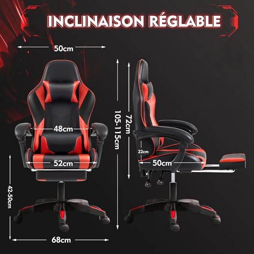 Frixovel Chaise Gaming Réglable avec Repose-Pieds Télescopique Noir et Rouge
