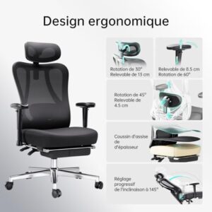 Hbada P3 Chaise de Bureau Ergonomique avec Repose-Pied et Support Lombaire