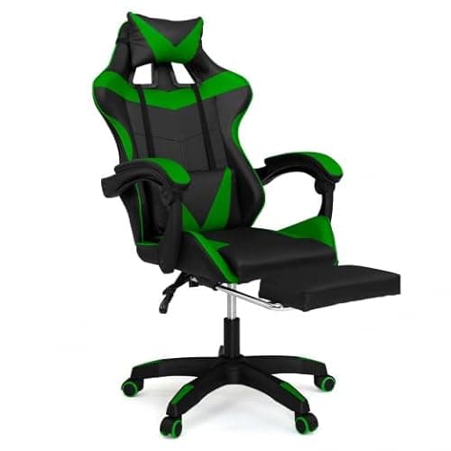 IDMarket – Fauteuil de Gaming Alex Noir et Vert avec Repose-Pied et Coussins
