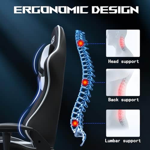 JUMMICO Chaise Gaming XL Ergonomique avec Lumbare – Charge 150 kg, Blanc