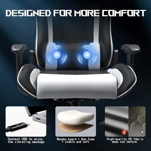 JUMMICO Chaise Gaming XL Ergonomique avec Lumbare – Charge 150 kg, Blanc