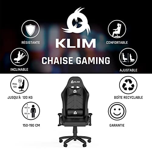 KLIM Chaise Gaming Inclinable en Simili Cuir – Noir Haut de Gamme