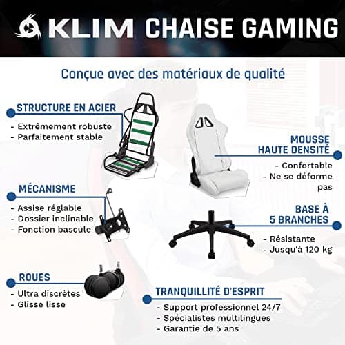 KLIM Chaise Gaming Inclinable en Simili Cuir – Noir Haut de Gamme