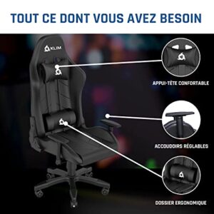 KLIM Chaise Gaming Inclinable en Simili Cuir – Noir Haut de Gamme