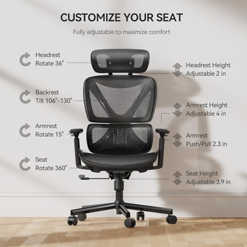 NOBLEWELL Chaise de Bureau Ergonomique avec Dossier Haut et Accoudoirs 3D Noir