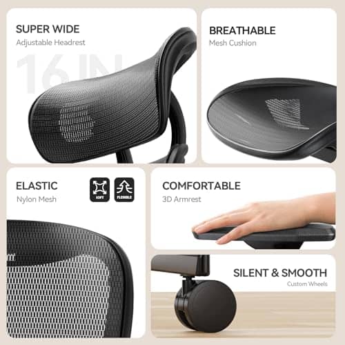 NOBLEWELL Chaise de Bureau Ergonomique avec Dossier Haut et Accoudoirs 3D Noir