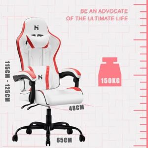 Chaise Gaming HLFURNIEU Ergonomique avec Support Lombaire et Appui-tête, Blanc/Rouge