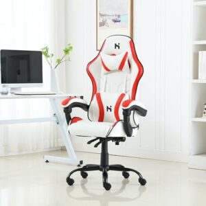 Chaise Gaming HLFURNIEU Ergonomique avec Support Lombaire et Appui-tête, Blanc/Rouge