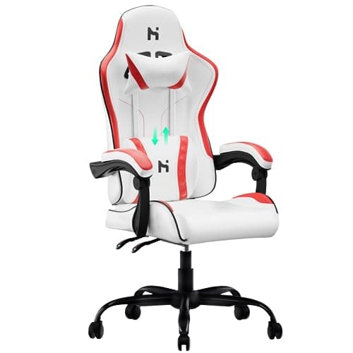 Chaise Gaming HLFURNIEU Ergonomique avec Support Lombaire et Appui-tête, Blanc/Rouge