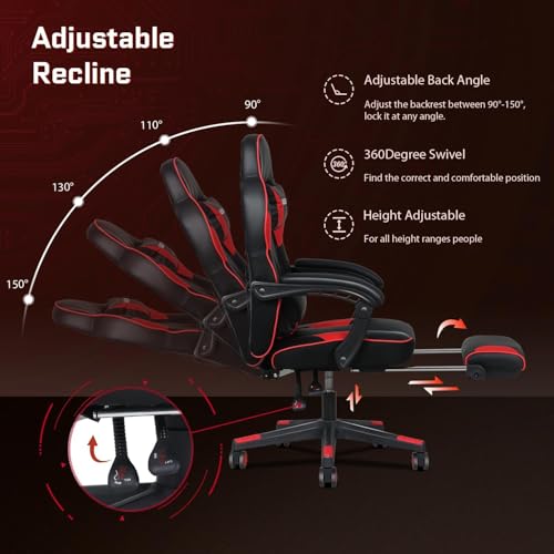 Chaise Gaming Massante YOURLITE, Fauteuil Ergonomique Inclinable 150° Noir/Rouge