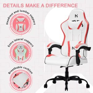 Chaise Gaming HLFURNIEU Ergonomique avec Support Lombaire et Appui-tête, Blanc/Rouge