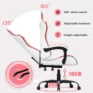 Chaise Gaming HLFURNIEU Ergonomique avec Support Lombaire et Appui-tête, Blanc/Rouge