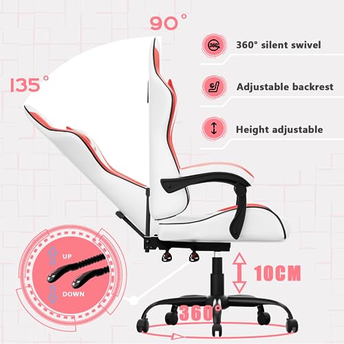Chaise Gaming HLFURNIEU Ergonomique avec Support Lombaire et Appui-tête, Blanc/Rouge