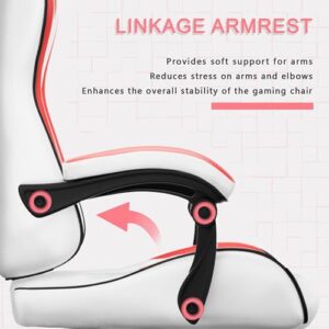 Chaise Gaming HLFURNIEU Ergonomique avec Support Lombaire et Appui-tête, Blanc/Rouge