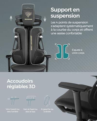 SONGMICS Fauteuil Gaming EVOGAMER noir avec accoudoirs réglables et dossier inclinable