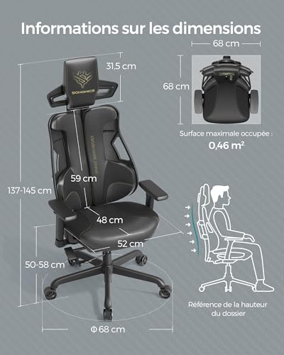 SONGMICS Fauteuil Gaming EVOGAMER noir avec accoudoirs réglables et dossier inclinable