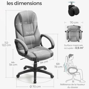 Chaise Gamer Ergonomique SONGMICS OBG022G01 Chaise gamer ergonomique réglable hauteur, dimensions détaillées.