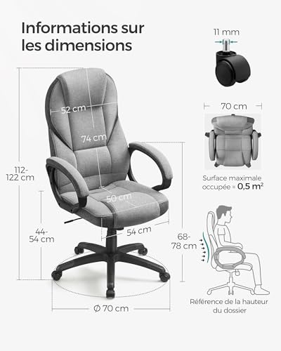 SONGMICS OBG022G01 Chaise Ergonomique Gamer Hauteur Réglable pour Bureau