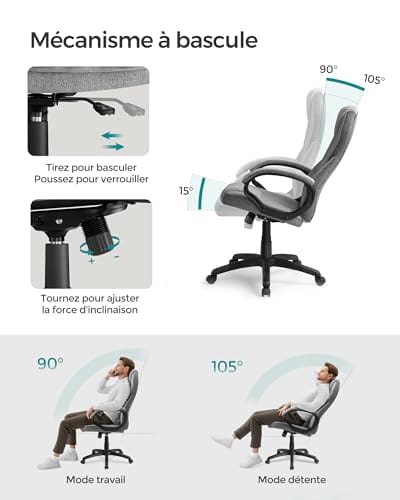 Chaise gamer ergonomique réglable avec mécanisme à bascule pour bureau.