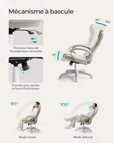 SONGMICS OBG022W01 : Chaise Ergonomique Gamer Réglable en Blanc Crème