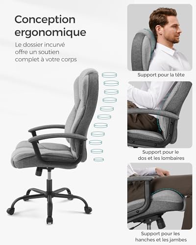 SONGMICS OBG057G01 : Chaise de Bureau Ergonomique Réglable pour Télétravail