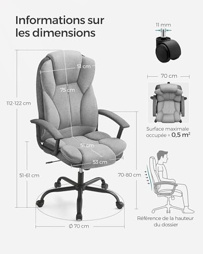 SONGMICS OBG057G01 : Chaise de Bureau Ergonomique Réglable pour Télétravail