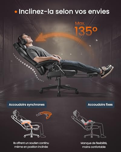 SONGMICS OBG072B01 Fauteuil Gaming Ergonomique Noir avec Repose-Pieds et Appui-tête