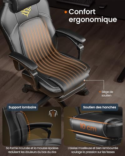 SONGMICS OBG072B01 Fauteuil Gaming Ergonomique Noir avec Repose-Pieds et Appui-tête