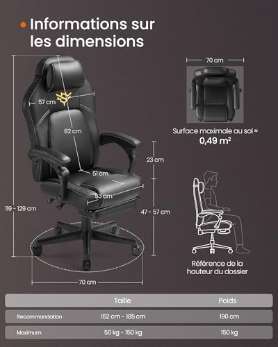 SONGMICS OBG072B01 Fauteuil Gaming Ergonomique Noir avec Repose-Pieds et Appui-tête