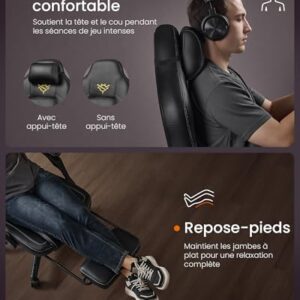 SONGMICS OBG072B01 Fauteuil Gaming Ergonomique Noir avec Repose-Pieds et Appui-tête