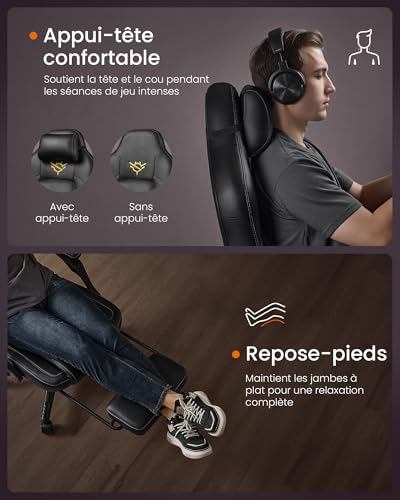 SONGMICS OBG072B01 Fauteuil Gaming Ergonomique Noir avec Repose-Pieds et Appui-tête