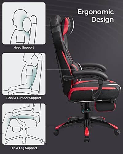 SONGMICS OBG77BR : Fauteuil gamer ergonomique rouge et noir avec repose-pieds