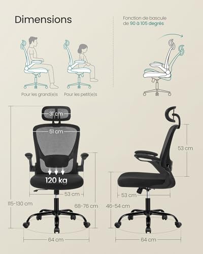 SONGMICS OBN047B01 : Chaise Bureau Ergonomique avec Support Lombaire et Appui-tête