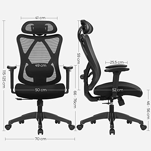 SONGMICS OBN063B01 : Chaise de Bureau Ergonomique avec Support Lombaire et Appui-Tête