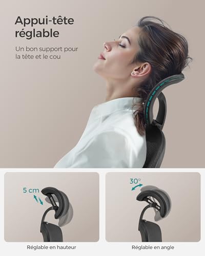 SONGMICS OBN065B01 : Fauteuil Ergonomique Noir d’Encre Réglable 150 kg