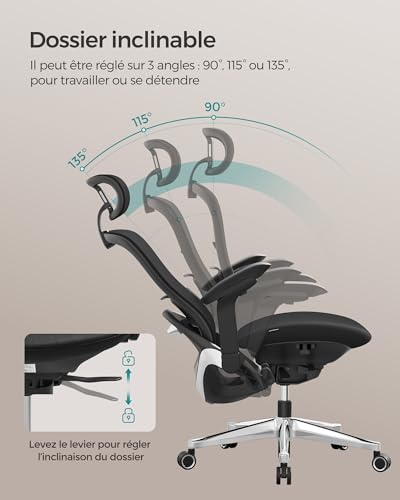 SONGMICS OBN065B01 : Fauteuil Ergonomique Noir d’Encre Réglable 150 kg