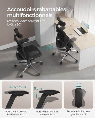 SONGMICS OBN065B01 : Fauteuil Ergonomique Noir d’Encre Réglable 150 kg